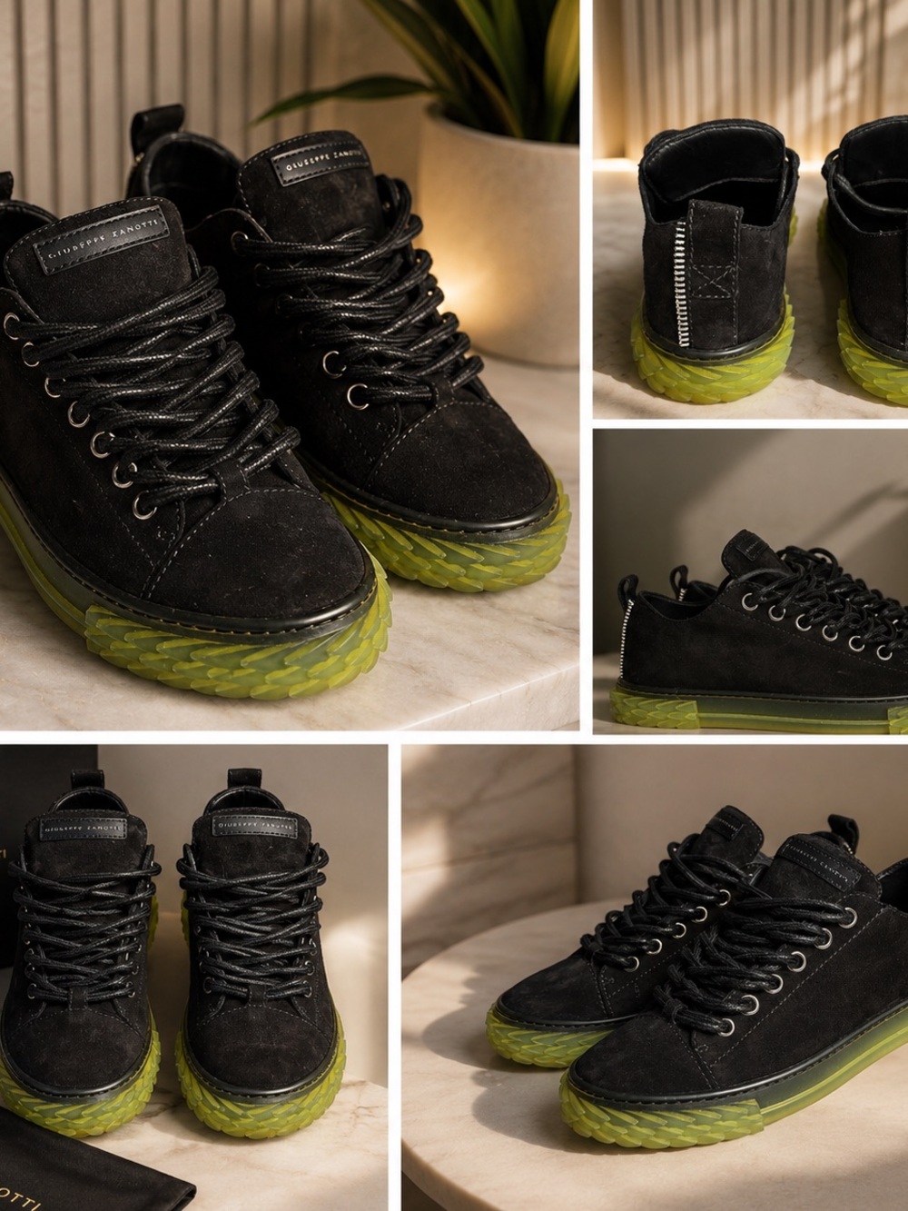 Giuseppe Zanotti 38.5Black Suede Sneakers with Lime Green Translucent Sole - Picture 1 of 7